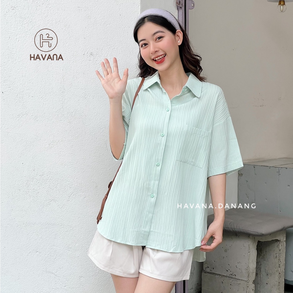 Áo sơ mi xốp ngắn tay, sơ mi gân sọc có dây buộc nơ lưng freesize form rộng AE190