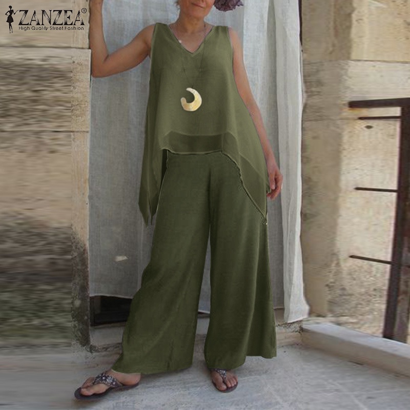 Set áo thun sát nách phối quần ống rộng ZANZEA thời trang cho nữ