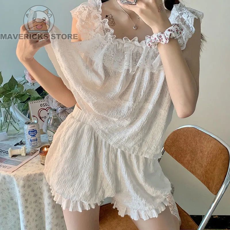 Bộ Đồ Ngủ Hai Dây Viền Ren Gợi Cảm Mùa Hè Mới Phong Cách Hàn Quốc Cho Nữ