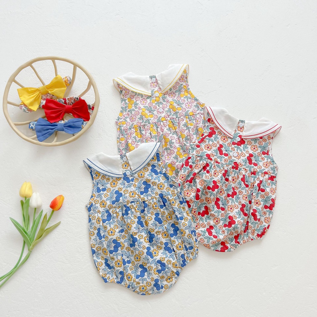 Áo Liền Quần Không Tay Cổ Vuông Thêu Hình Cherry Dành Cho Bé Gái