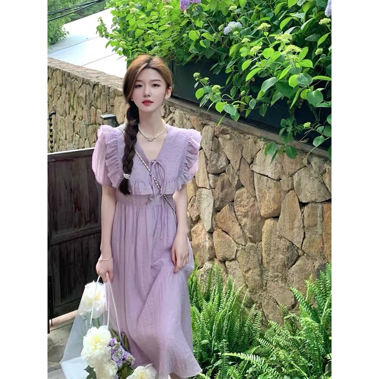 Váy bánh bèo A41 chất đũi hàn xịn dáng dài, đầm cổ bèo dáng xoè mộng mơ, váy hàng chuẩn chất lượng tốt- Larelia store.