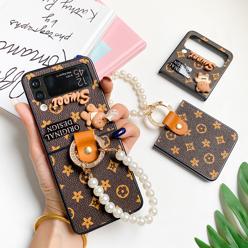 Bao Da Điện Thoại pu Họa Tiết Hoa Đính Ngọc Trai Cho samsung galaxy z flip 4 3 flip4 flip3 5g Ốp