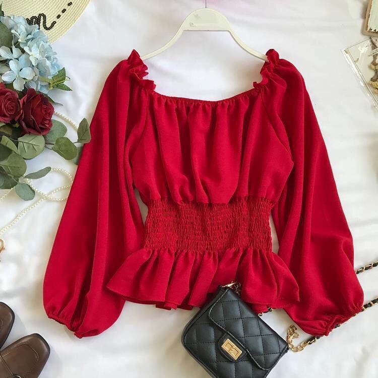 Korean women's chiffon blouse with long sleeves and off shoulder style