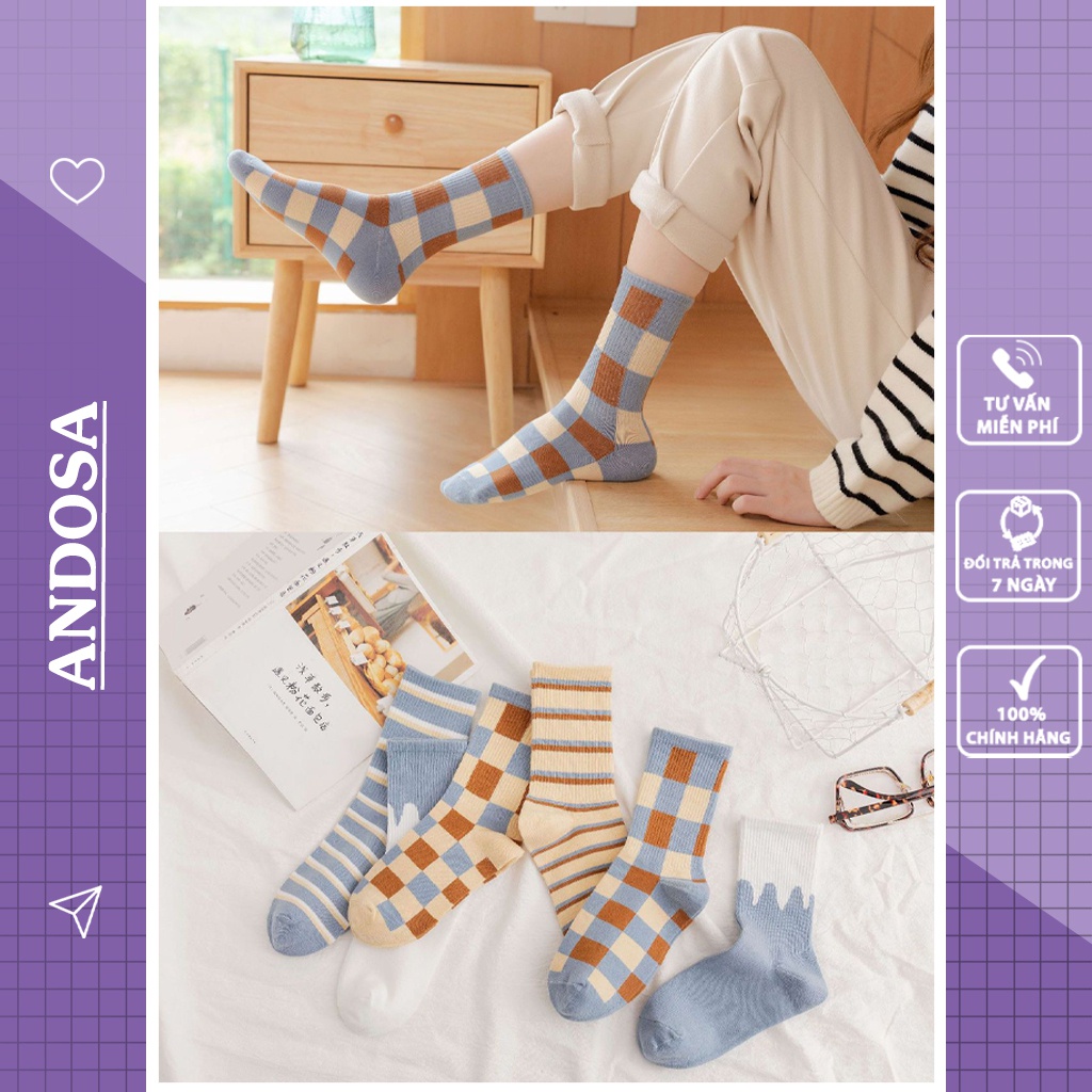 Tất vớ nam nữ cổ cao Hàn Quốc họa tiết vintage cute dễ thương cotton dày đẹp ANDOSA T08