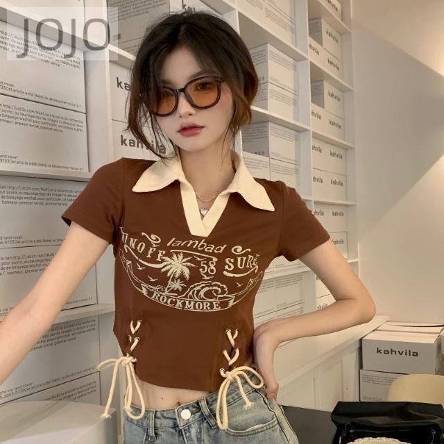 Áo Thun Ngắn Ôm Eo Cột Dây Cổ Lật Màu Sắc Tương Phản Phong Cách Retro Đường Phố Mỹ Cho Nữ