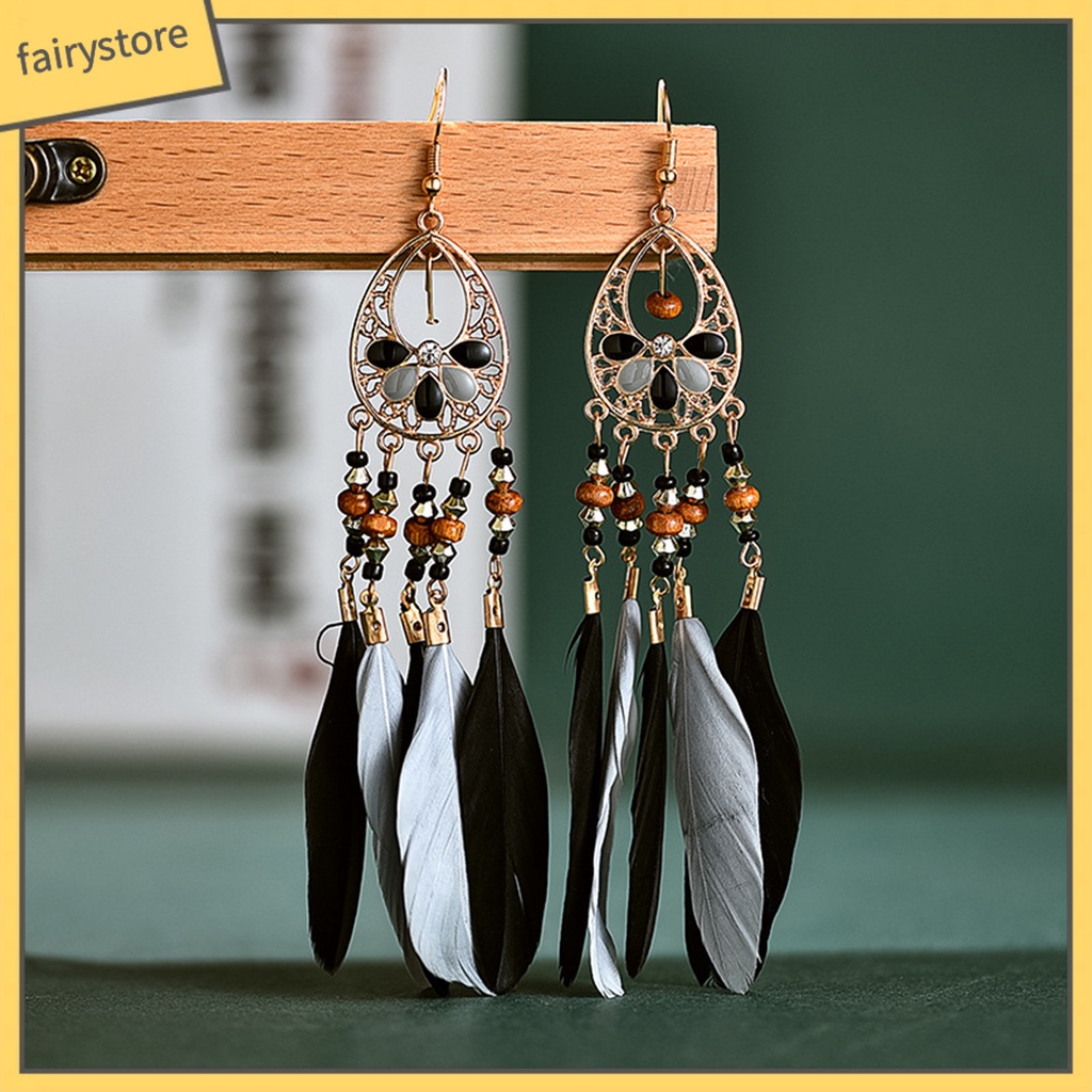 1 Đôi Bông Tai Dáng Dài Phối Lông Vũ Phong Cách Bohemian Thời Trang