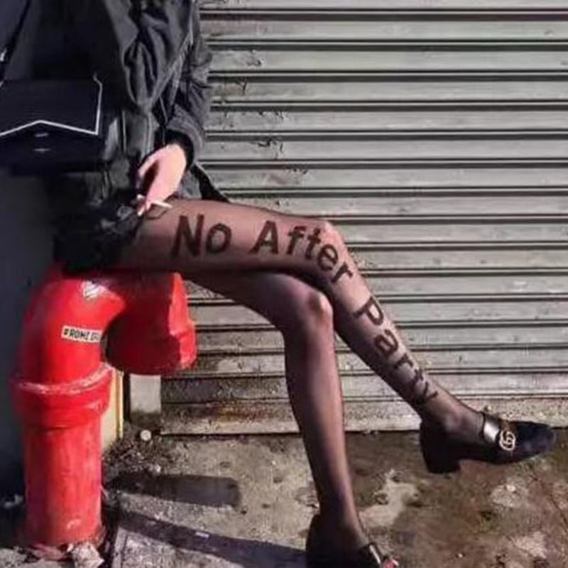 Youyo Quần Tất Mỏng Co Giãn Màu Đen In Chữ No After Party Vui Nhộn Phong Cách Punk Cho Nữ