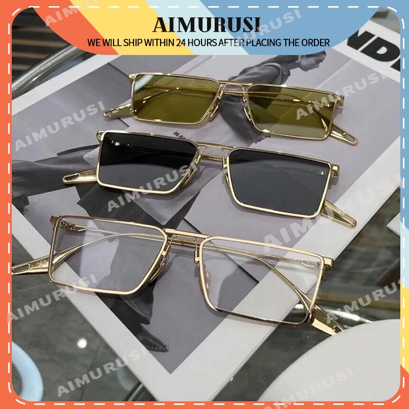 (AIMURUSI) COD Kính Mát Gọng Vuông Kim Loại Xanh Lá Phong Cách Hàn Quốc Mới