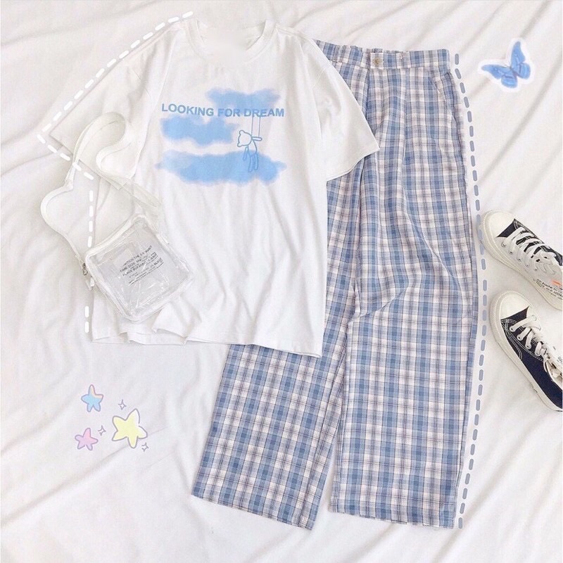 Sét áo mây Looking + quần kẻ xanh TH6