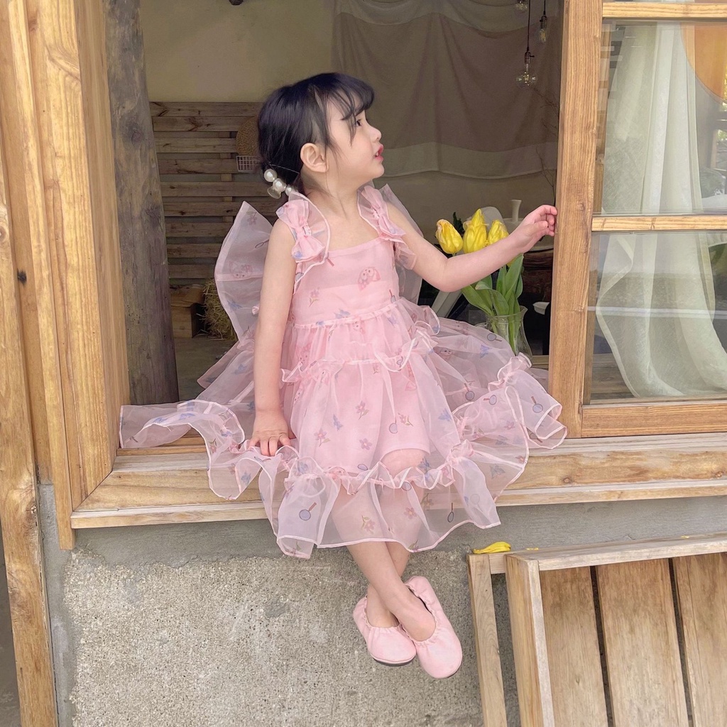 V109 - Váy bé gái voan hồng in hoạ tiết ngộ nghĩnh sz 80-130, váy công chúa cho bé kèm nơ rời