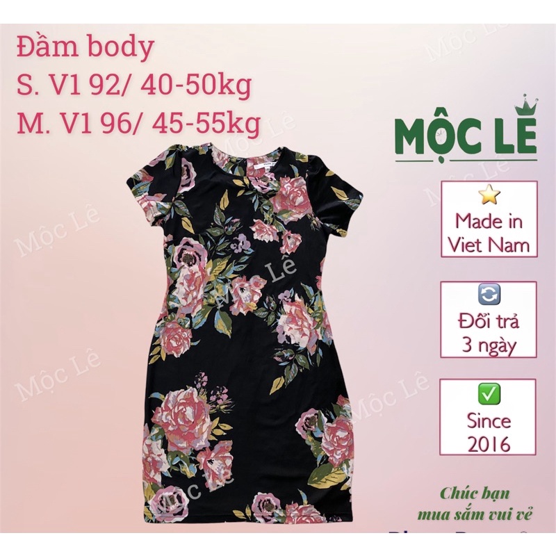 (40-55kg) Đầm thun body vnxk đen in hoa vintage