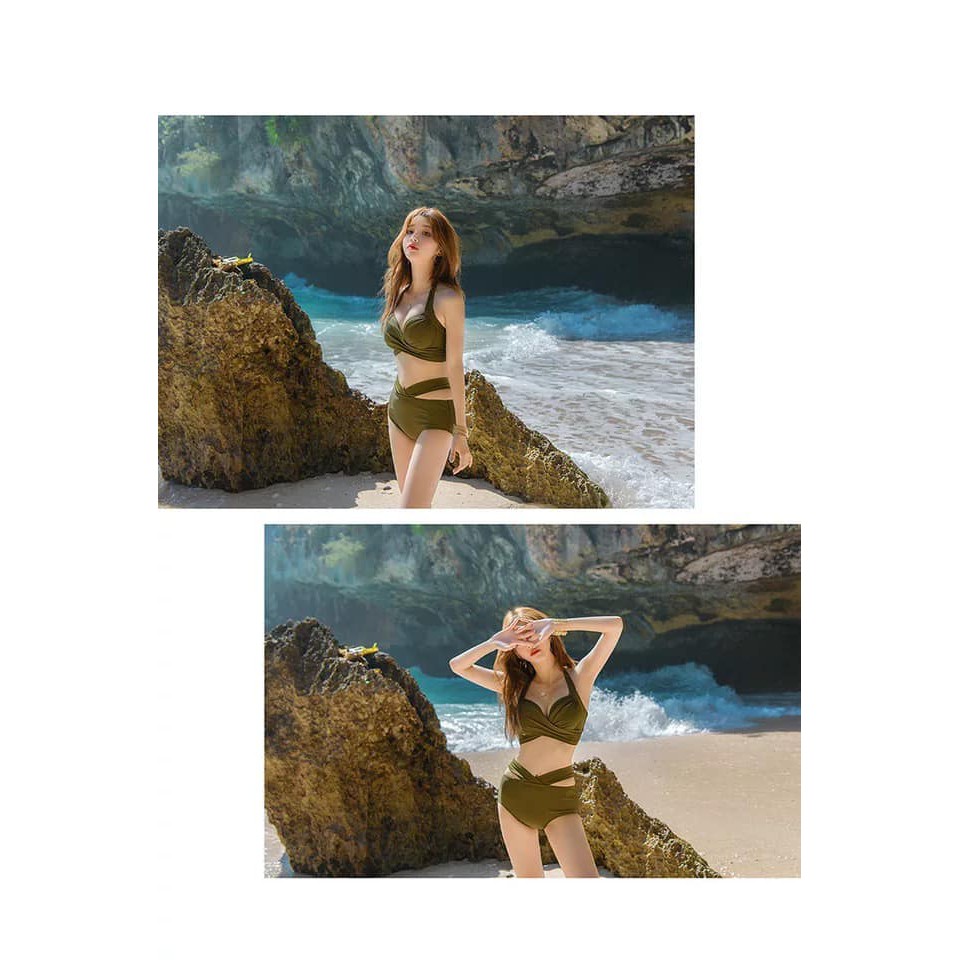 Bikini 2 mảnh chéo dây tôn ngực , tôn eo thon tạo dáng body Hàn Quốc màu xanh rêu lạ mắt mẫu 2021