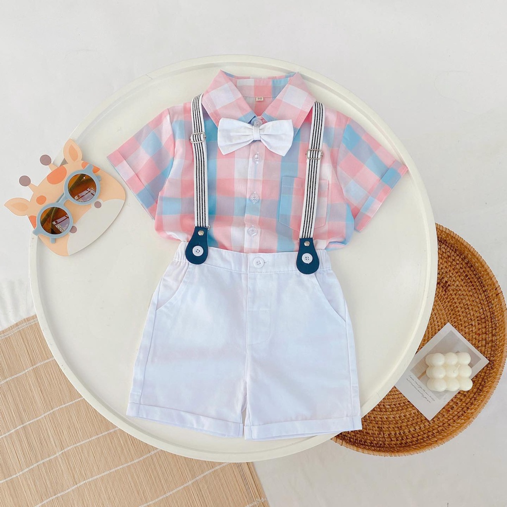 SET CÔNG TỬ CAO CẤP QUẦN YẾM NGẮN-ÁO SƠ MI CARO NHIỀU MÀU KÈM NƠ SIÊU DỄ THƯƠNG CHO BÉ