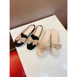 Giày sục da lộn buộc nơ lụa