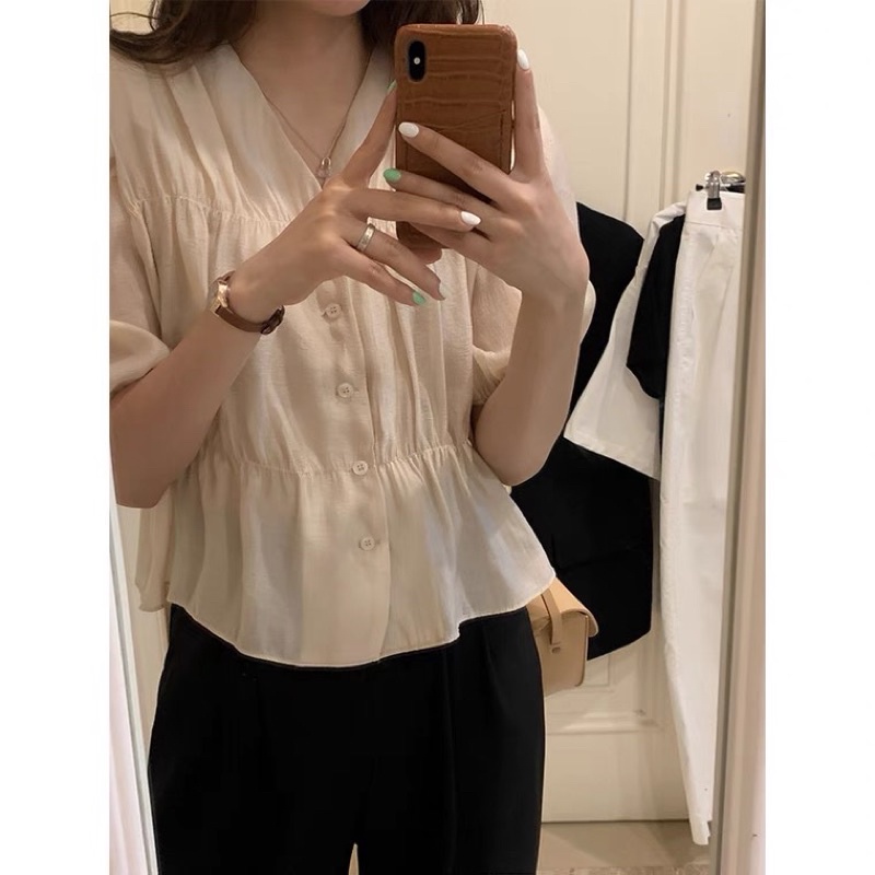 ÁO SƠ MI CỔ CHỮ V MÀU NUDE ĐƠN GIẢN BO THUN