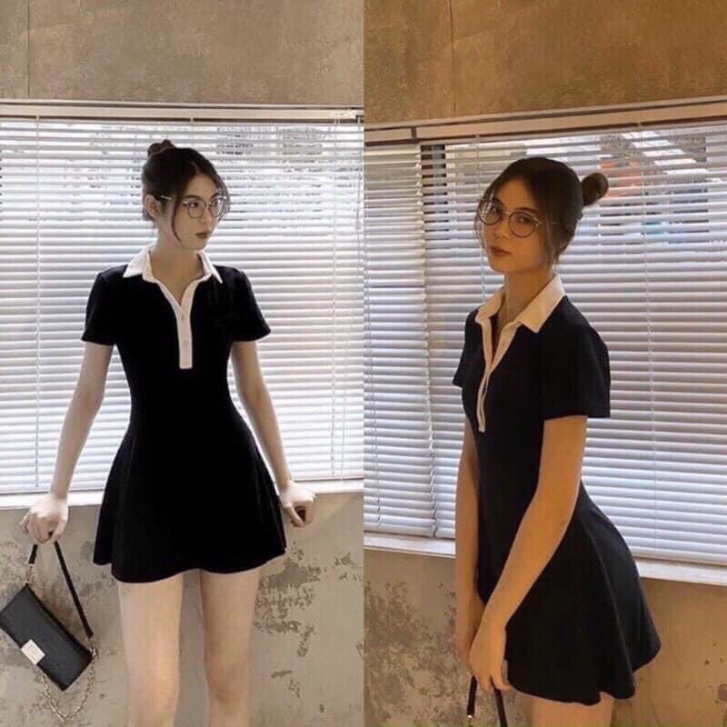 Đầm Polo Nữ Đen Xòe Dáng Ôm 🦋 Váy Polo Nữ Cổ Phối Trắng Chất Borip Dáng Chữ A Ngắn Body 🦋