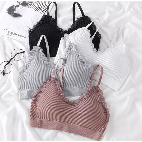 Áo ngực bra nữ len tăm viền ren thể thao nâng ngực - Áo lót bralette tập gym coton mềm không gọng mút mỏng YLY16