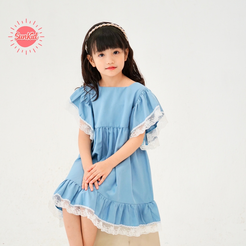 Váy đầm bé gái dáng suông vải trượt chéo cao cấp mùa hè Sunkid PP màu xanh size trẻ em 4-12 tuổi