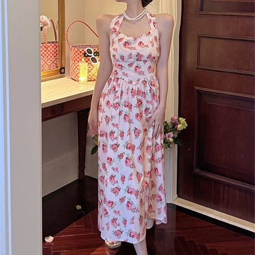 Jiashucheng Đầm Midi Hai Dây Họa Tiết Hoa Phong Cách Retro Pháp