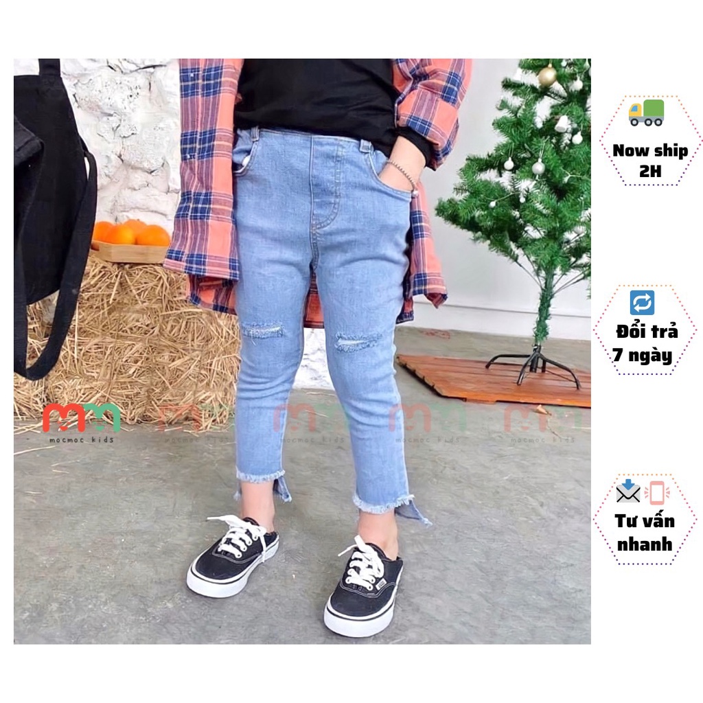 Quần jeans bé gái, quần bò dài bé gái, lai xéo cá tính năng động, chất jeans mềm, co dãn form chuẩn cho bé 15kg đến 45kg