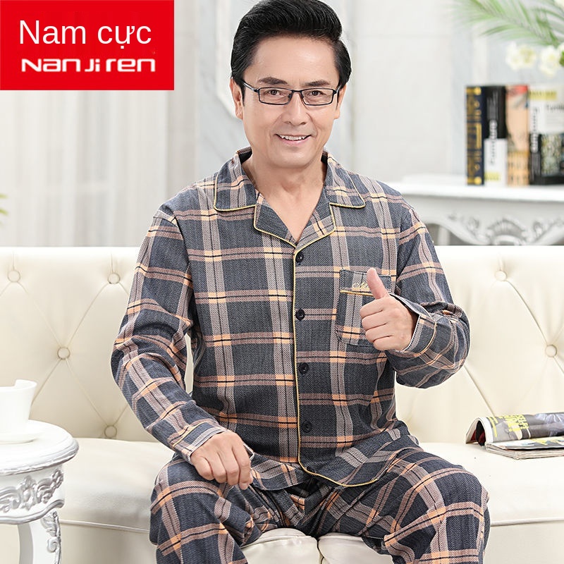 100% cotton pyjama nam mùa xuân và thu dài tay bộ đồ đông cho người trung niên cao tuổi