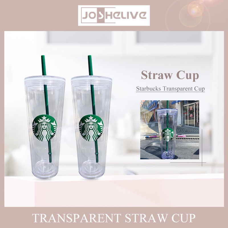 Cốc Uống Nước starbucks 710ml Hai Lớp Bằng Acrylic Trong Suốt Kèm Ống Hút 24oz