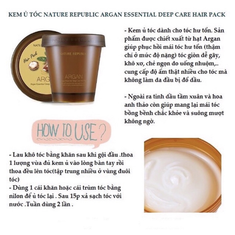 [SẴN- Có bill mua]Kem ủ tóc Nature Republic Argan Essential Deep Care Hair Pack 200ml