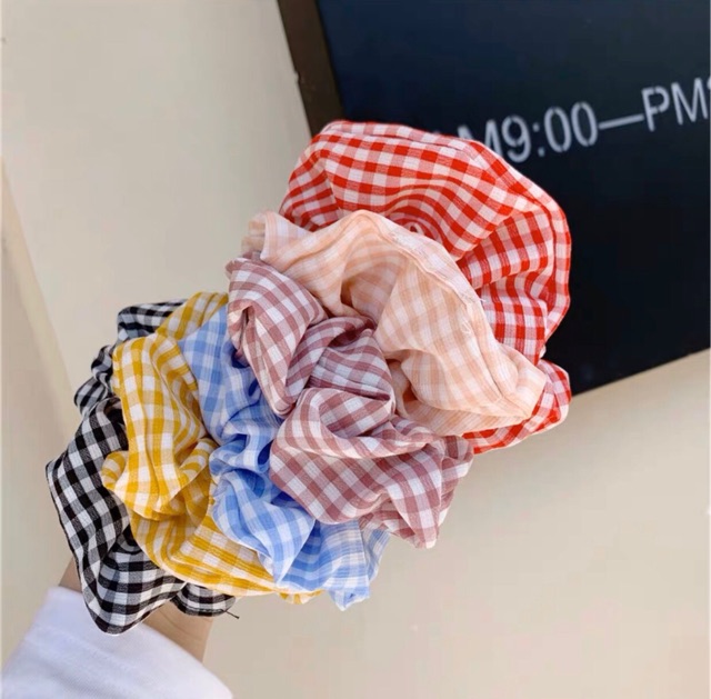 Dây cột tóc vải caro scrunchies Hàn Quốc xinh xắn