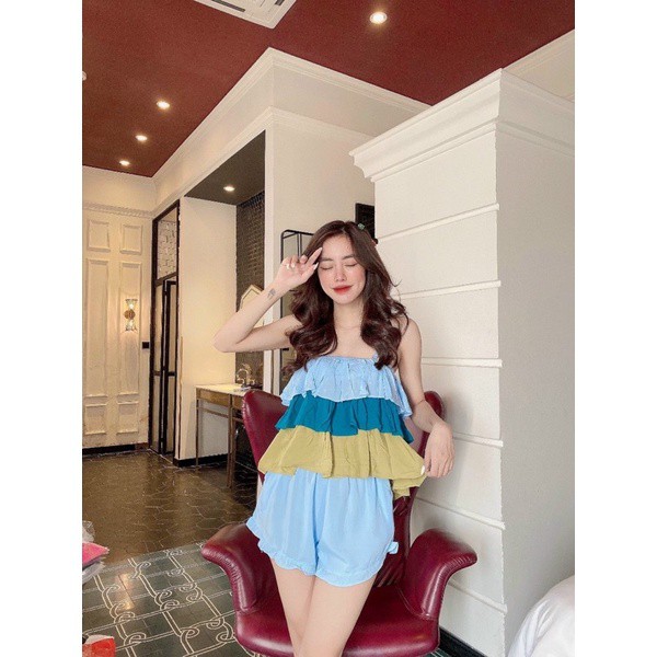 Set bộ đồ ngủ hai dây ba tầng phối bèo mặc nhà siêu xinh
