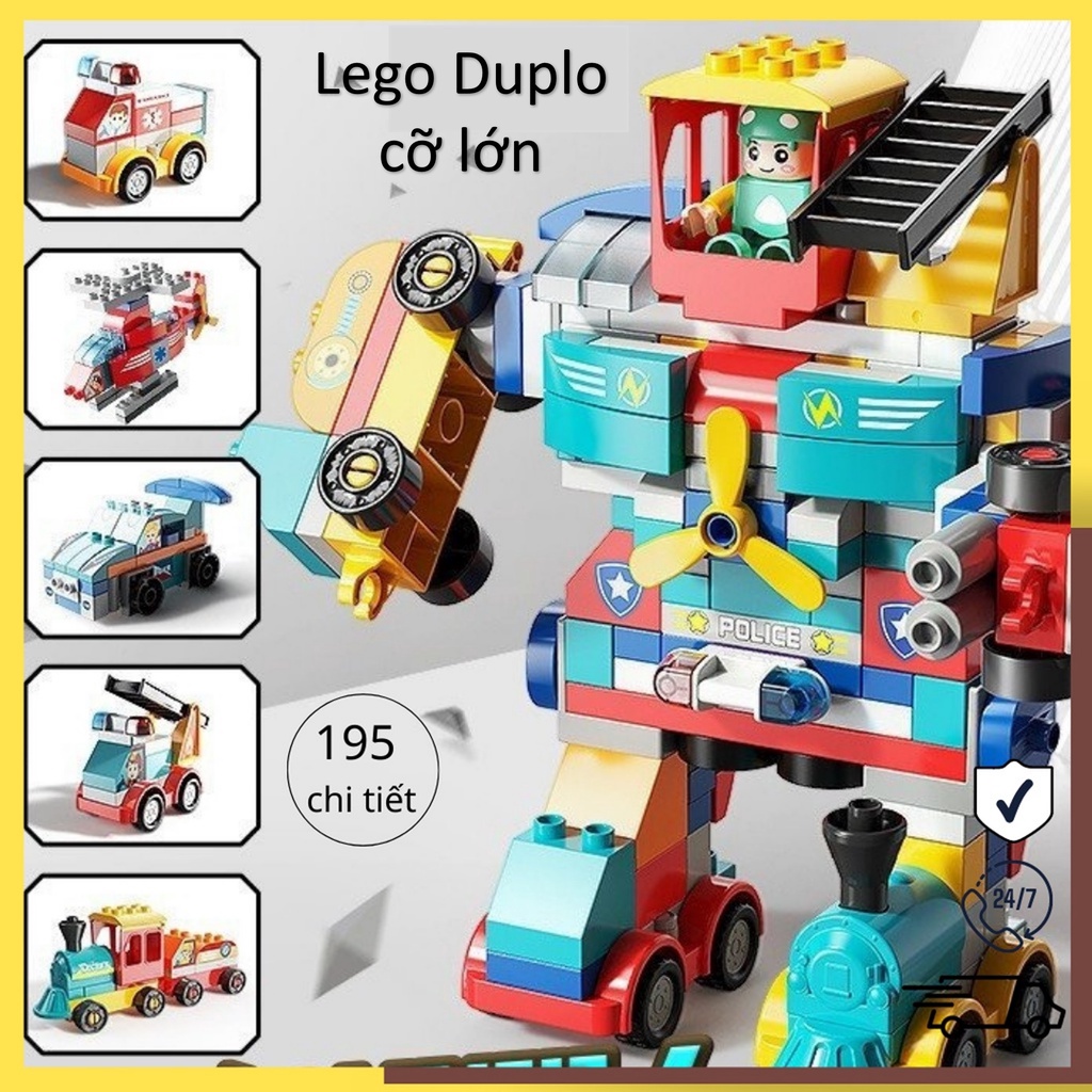 Lego Duplo 195 chi tiết Mô hình người máy biến hình Ô tô, Xe cẩu, Máy xúc xếp hình thông minh Stem cho bé