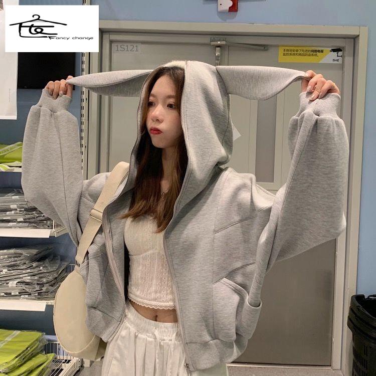 Áo Hoodie Ngắn Dáng Rộng In Hình Tai Thỏ Dễ Thương Thời Trang Mùa Thu Cho Nữ