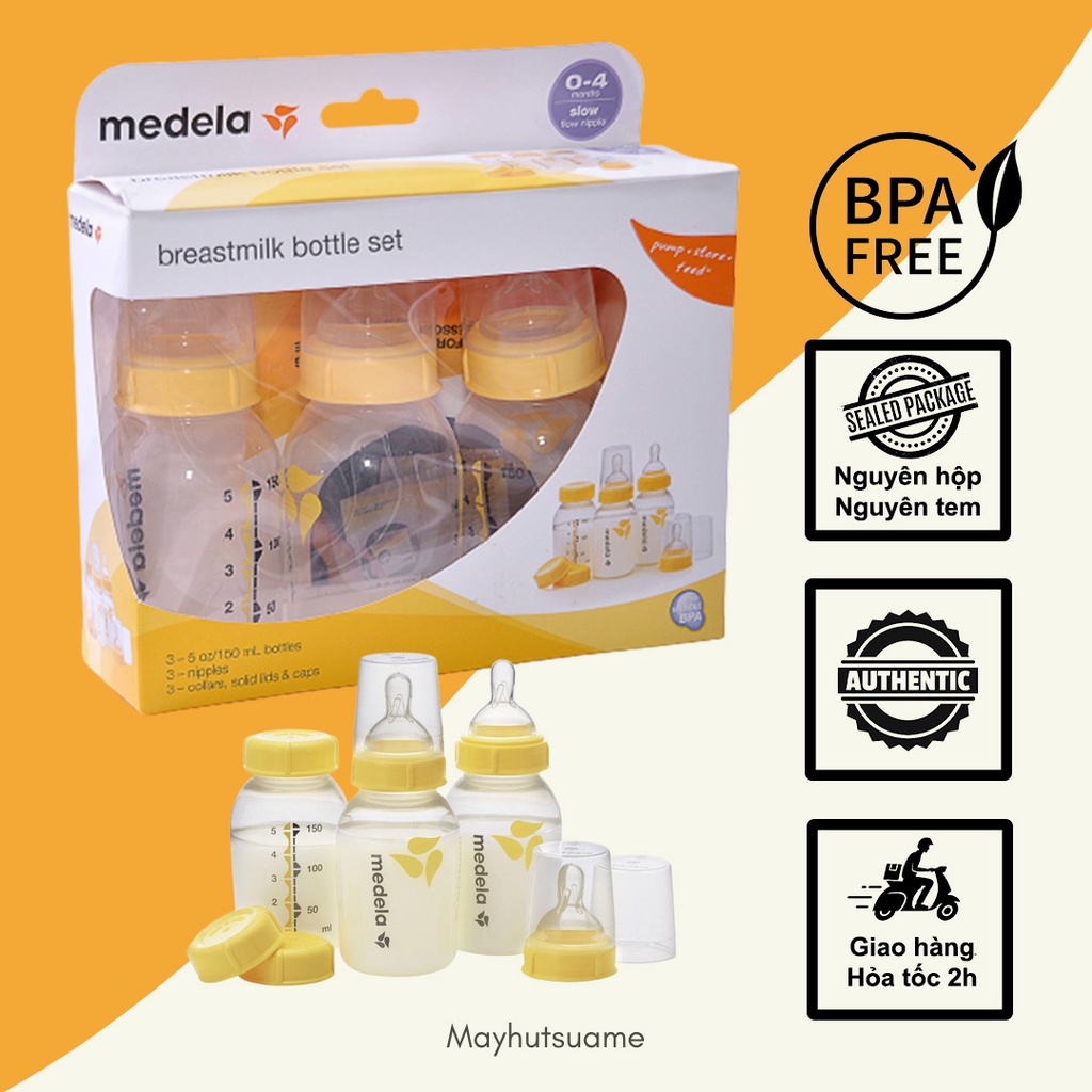 Bộ 3 bình trữ sữa 150ml kèm núm ti và nắp đậy