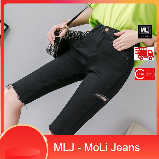Quần jean lửng BIG SIZE lưng cao, co dãn mạnh, màu đen dành cho người béo 60kg~90kg