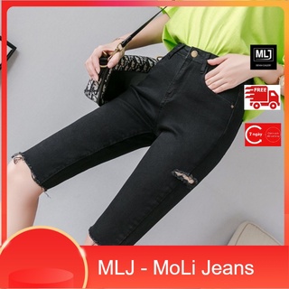 Quần jean lửng BIG SIZE lưng cao, co dãn mạnh, màu đen dành cho người béo 60kg~90kg