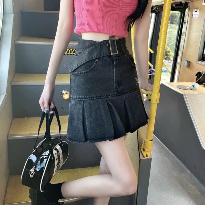Chân Váy Jeans Chữ A Lưng Cao Thêu Họa Tiết Thời Trang Cho Nữ