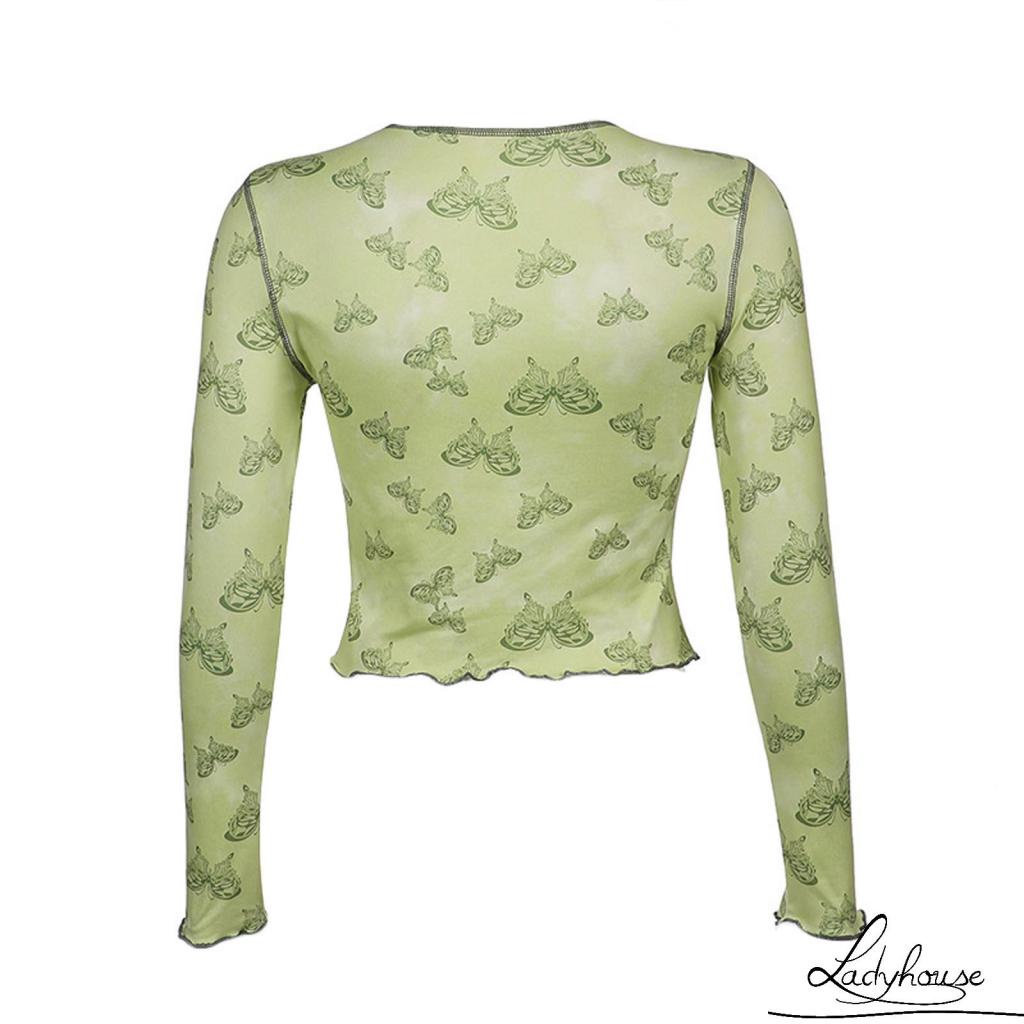 Áo thun tay dài cổ tròn in họa tiết bướm màu sắc thời trang cho nữ