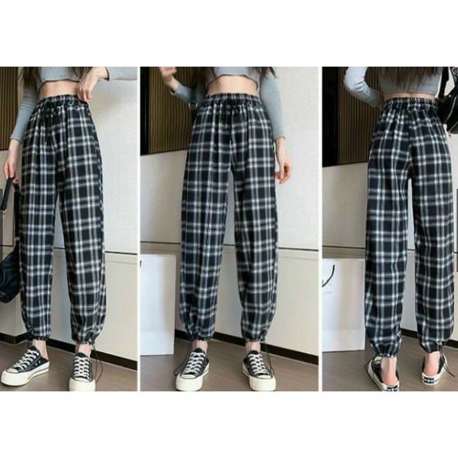 Quần ống rộng kẻ caro Unisex có dây chun ống - SCXQ18