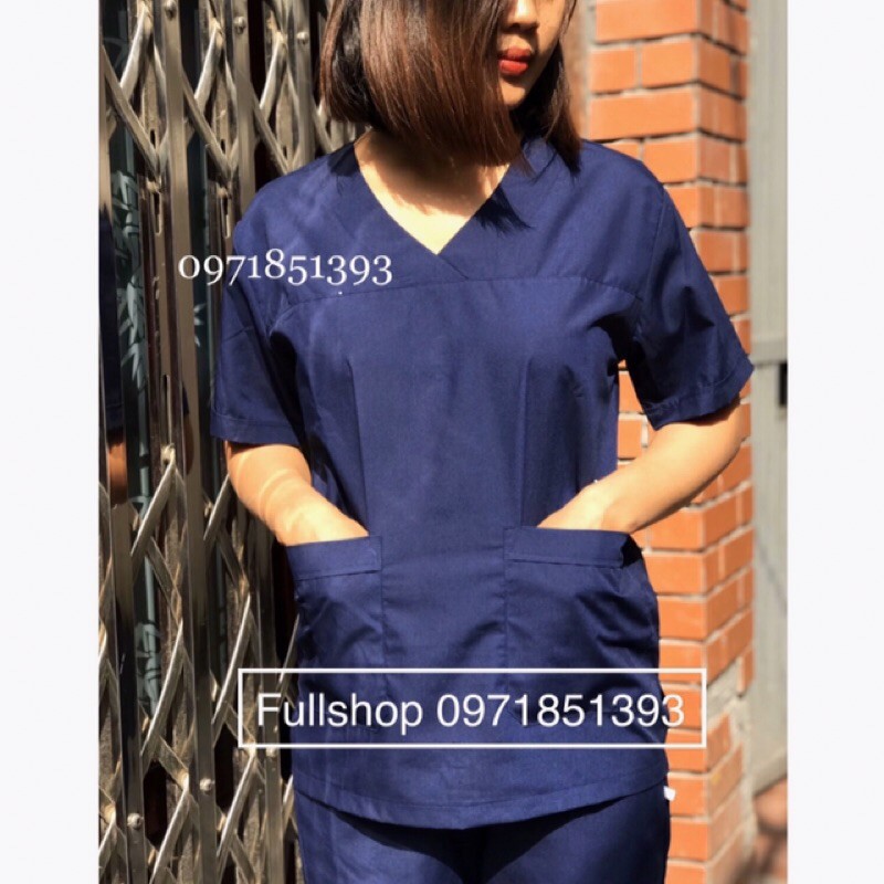 Bộ quần áo Phẫu thuật cổ tim nữ màu xanh đen - Bộ scrubs kỹ thuật viên, hộ lý, bác sĩ nữ cộc tay