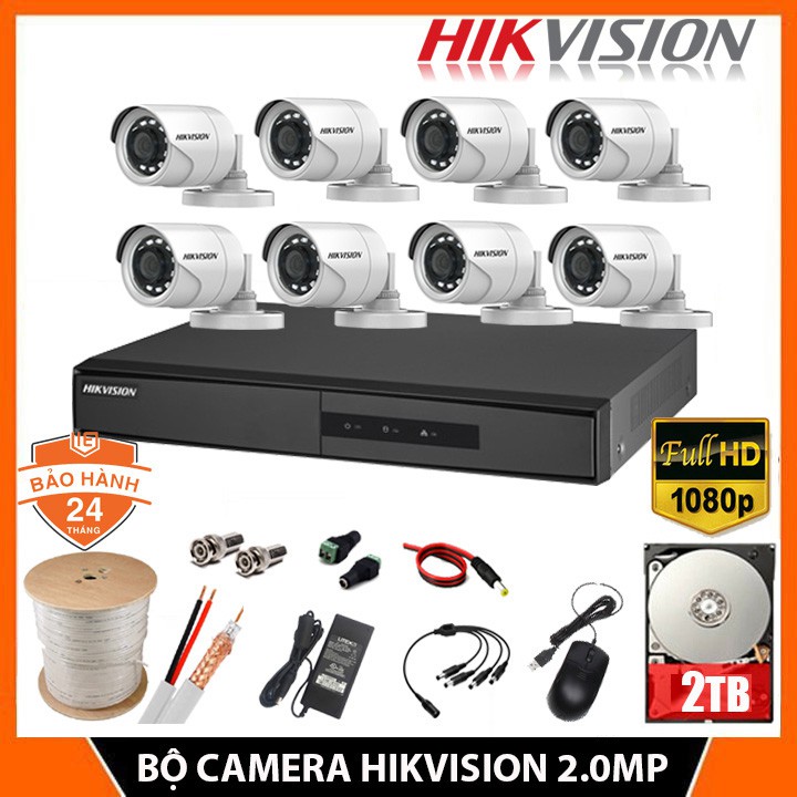 Bộ Camera giám sát HIKVISION 2.0MP-FHD 1080P Chính hãng (5/6/7/8 Camera)-Kèm HDD + Đầy đủ Phụ kiện lắp đặt - Bh 24 tháng