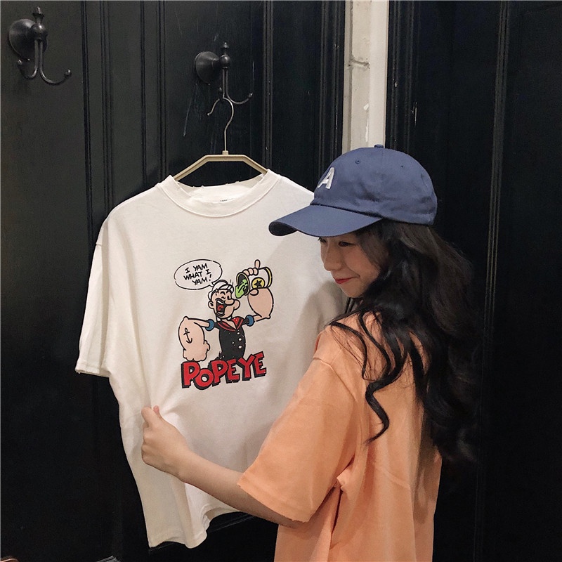 SUXI Áo Thun Tay Ngắn Dáng Rộng In Hoạt Hình Kiểu Retro Hàn Quốc Dễ Thương