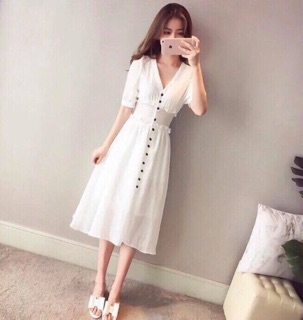 Đầm trắng nhúng thun eo (kèm hình thật)
