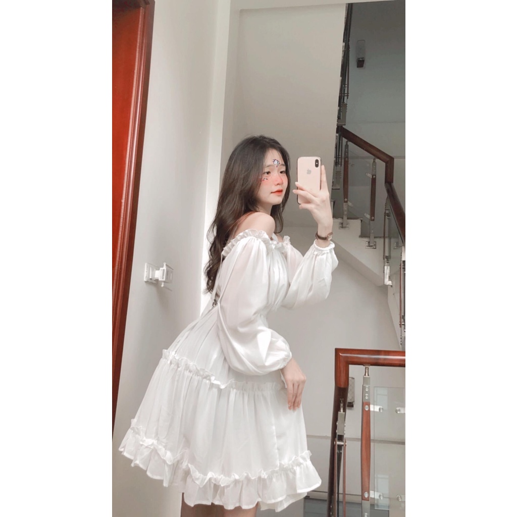 Váy kiểu tiểu thư V.091, Váy trắng trễ vai dây nơ chéo dài tay chun eo 2 lớp 3 tầng bèo ngang chảnh xả