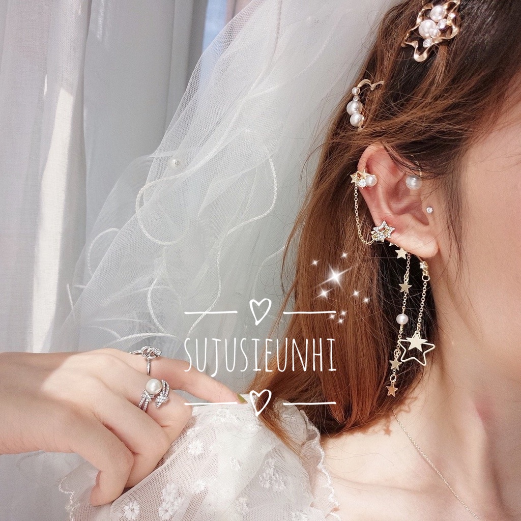 (ko xỏ lỗ) khuyên tai sao ngọc kẹp vành 2 chiếc đeo cùng bên nữ tính