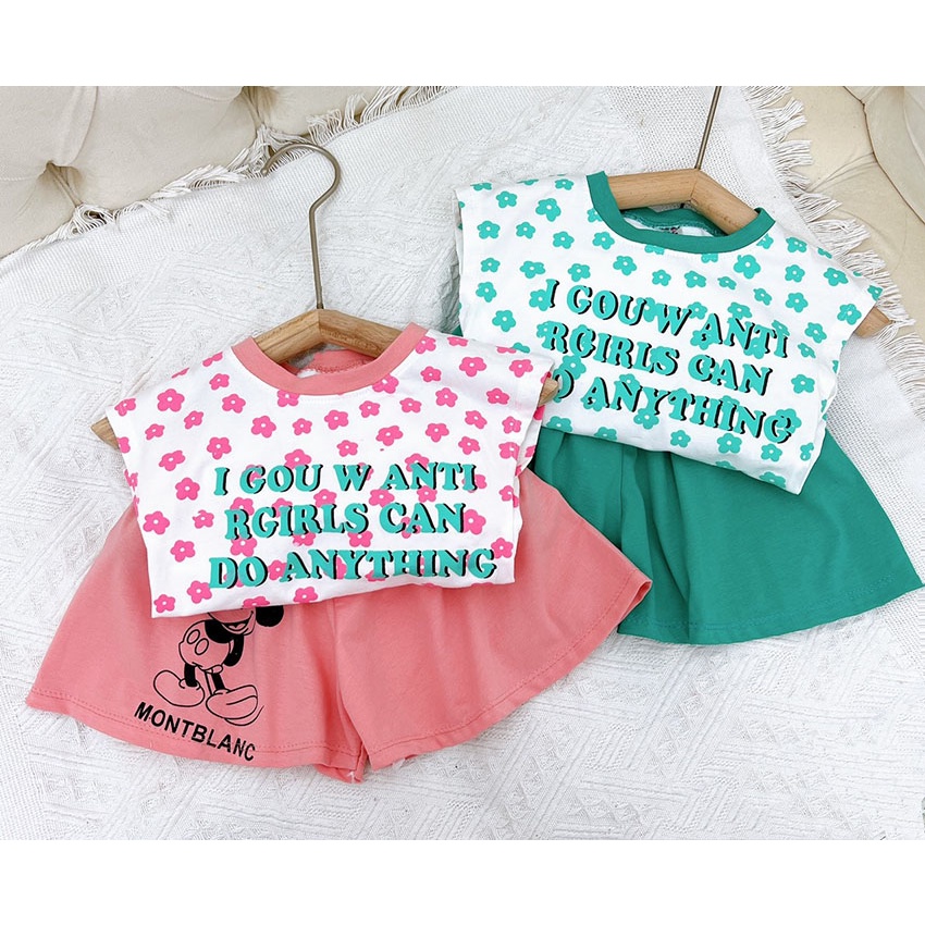 Bộ Quần Áo Ba Lỗ In Hình Hoa Quần Micky MonBlancce Vải Cotton Cho Bé Gái Từ 8-20kg Mã BL25