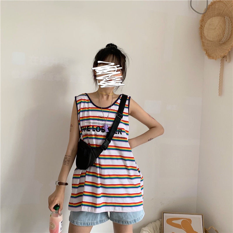 Áo không tay nữ Dáng Rộng In Chữ Màu Cầu Vồng Phong Cách Hàn Quốc Hàng Mới