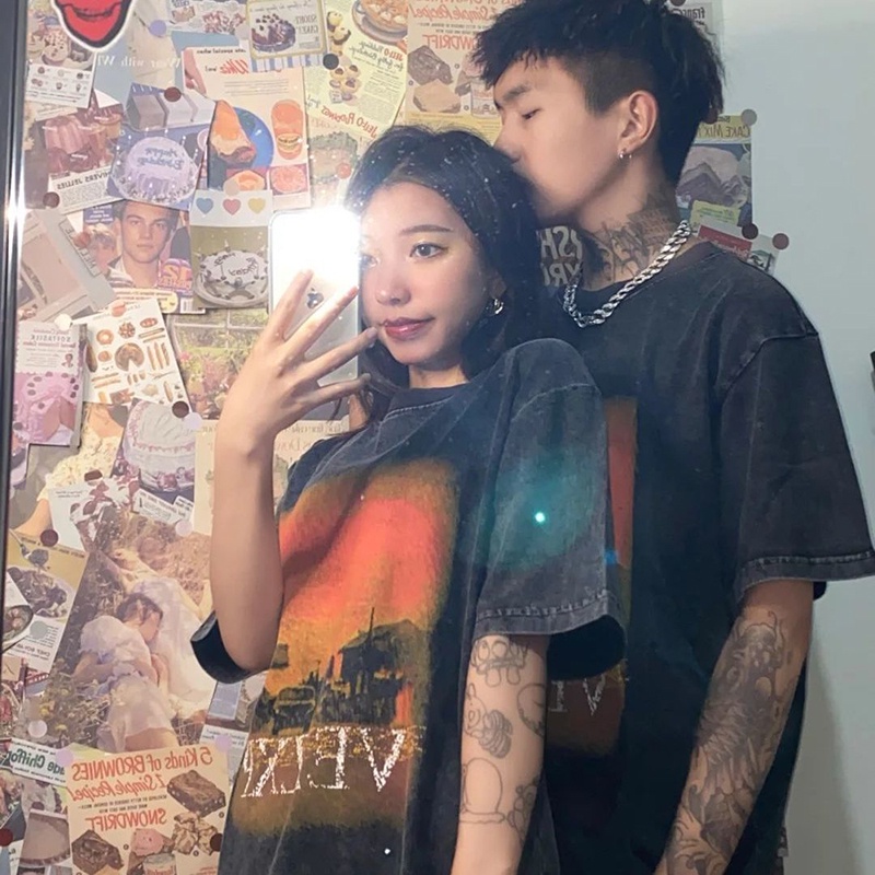 IELGY Áo thun vải cotton dáng rộng tay ngắn phong cách retro thời trang cho nữ