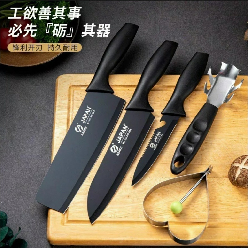 [FREESHIP] Bộ Dao 5 Món JAPAN ASAKH Bằng Thép Không Gỉ Đen Nhám Cao Cấp