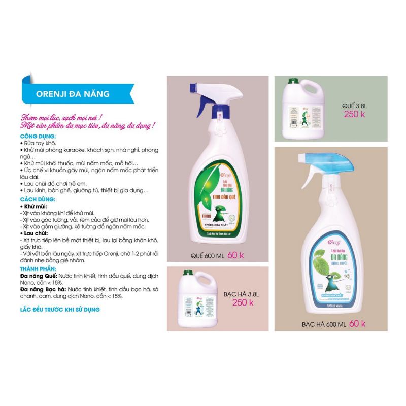 Nước lau kính, lau bàn ăn, tủ lạnh, kiêm rửa tay khô, đa năng lau khử khuẩn không hóa chất tinh dầu Quế & Bạc Hà  ORENJI