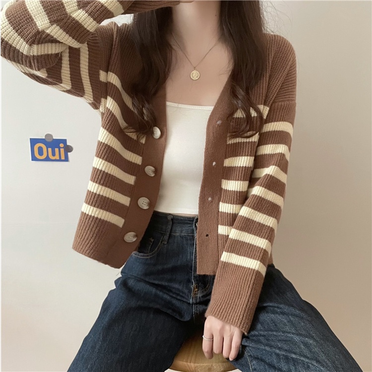 Áo khoác cardigan ZHELIHANGFEI dệt kim họa tiết kẻ sọc phong cách retro dễ phối đồ cho nữ