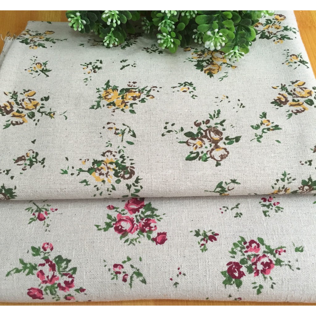 Vải linen họa tiết Hoa nhí hồng tím lá xanh V-A09